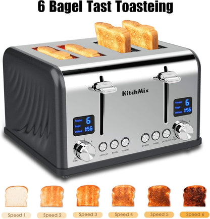 Toaster 4 Slice, Bagel Stainless Toaster with LCD Timer, Extra Wide Slots, Dual Screen, Removal Crumb Tray (Gray)