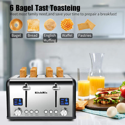 Toaster 4 Slice, Bagel Stainless Toaster with LCD Timer, Extra Wide Slots, Dual Screen, Removal Crumb Tray (Gray)