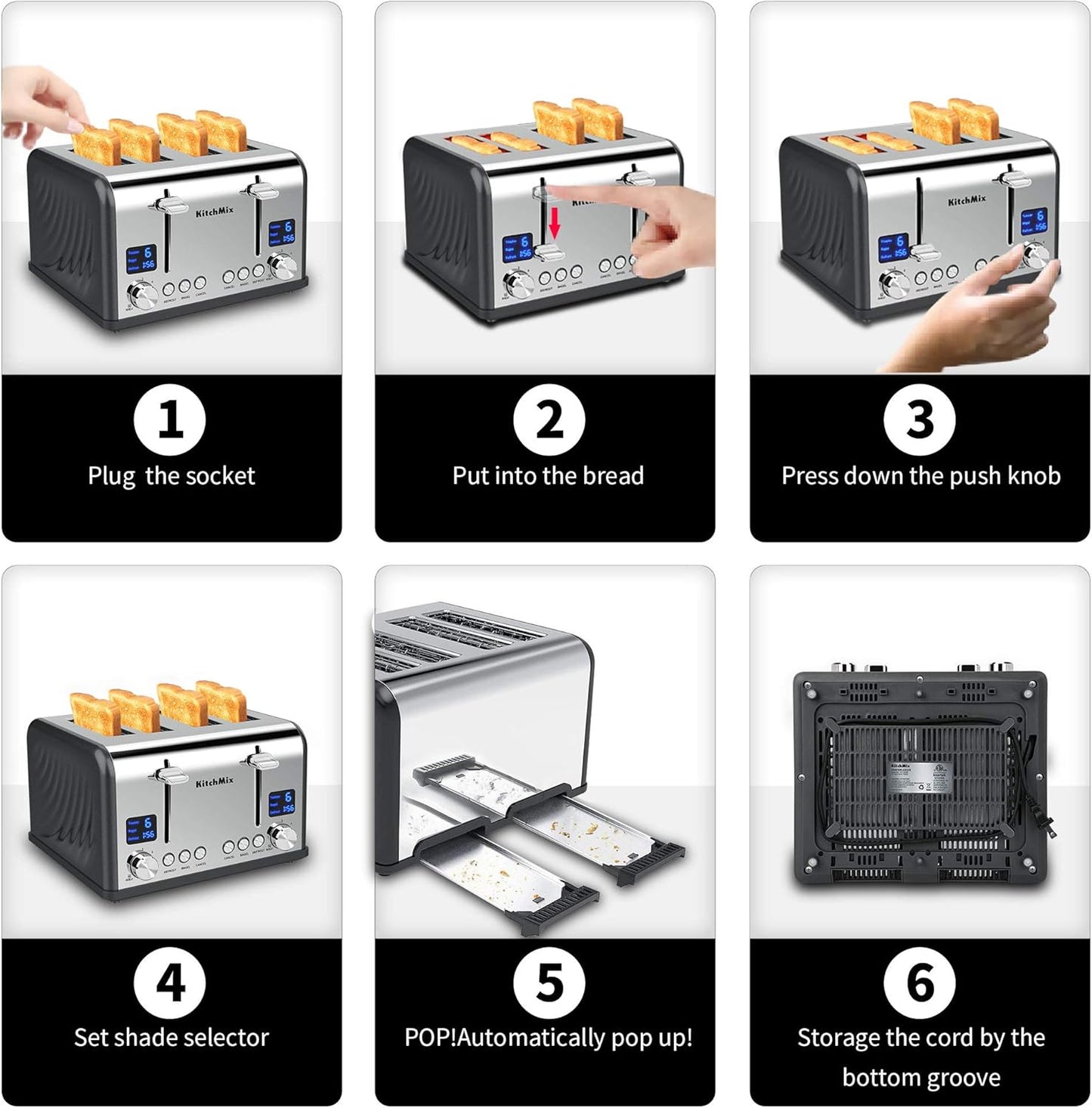 Toaster 4 Slice, Bagel Stainless Toaster with LCD Timer, Extra Wide Slots, Dual Screen, Removal Crumb Tray (Gray)