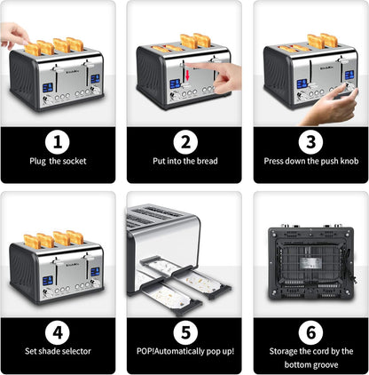 Toaster 4 Slice, Bagel Stainless Toaster with LCD Timer, Extra Wide Slots, Dual Screen, Removal Crumb Tray (Gray)