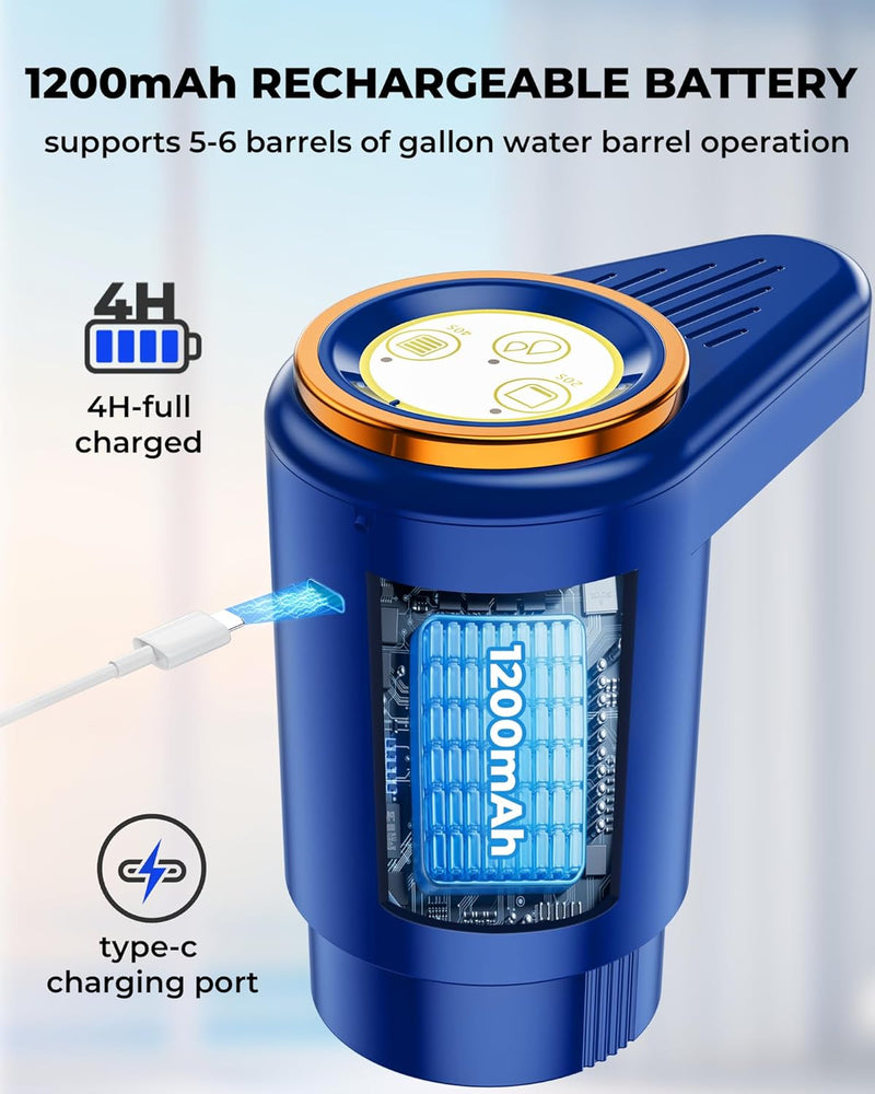 Water Dispenser, Portable Electric Water Bottle Pump Rechargeable for 5 Gallon Bottles, USB-C Charging for Home Kitchen Room Camping, Blue