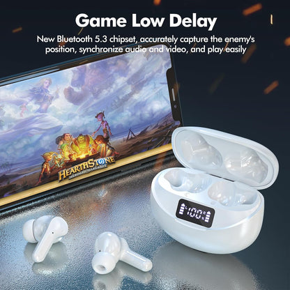 Wireless Earbuds, Bluetooth Headphones 5.3 HiFi Stereo, Wireless Earphones with ENC Noise Cancelling Mic, LED Digital Display in Ear Buds - White