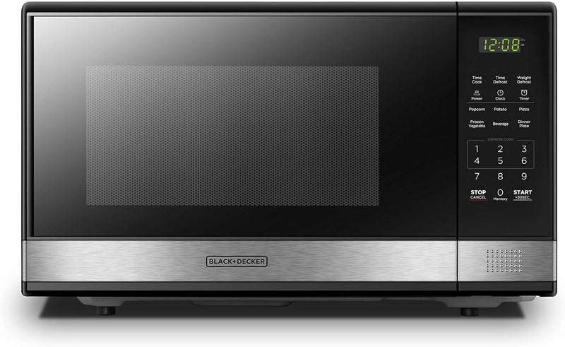 BLACK+DECKER EM031MB11 Digital Microwave Oven with Turntable Push-Button Door, Child Safety Lock, 900W, 1.1cu.ft, Black & Stainless Steel
