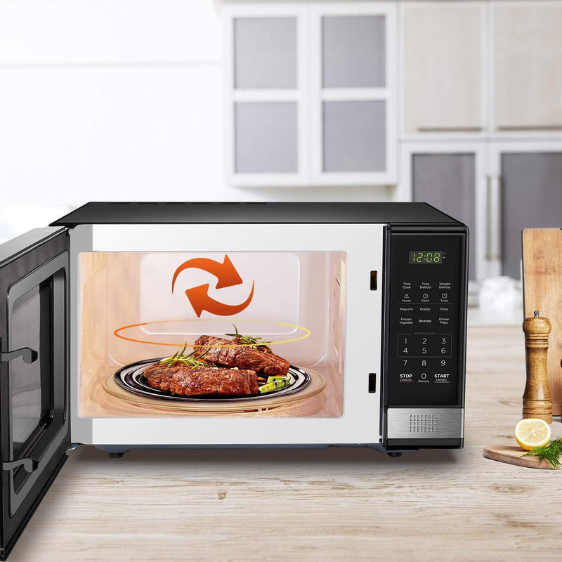 BLACK+DECKER EM031MB11 Digital Microwave Oven with Turntable Push-Button Door, Child Safety Lock, 900W, 1.1cu.ft, Black & Stainless Steel