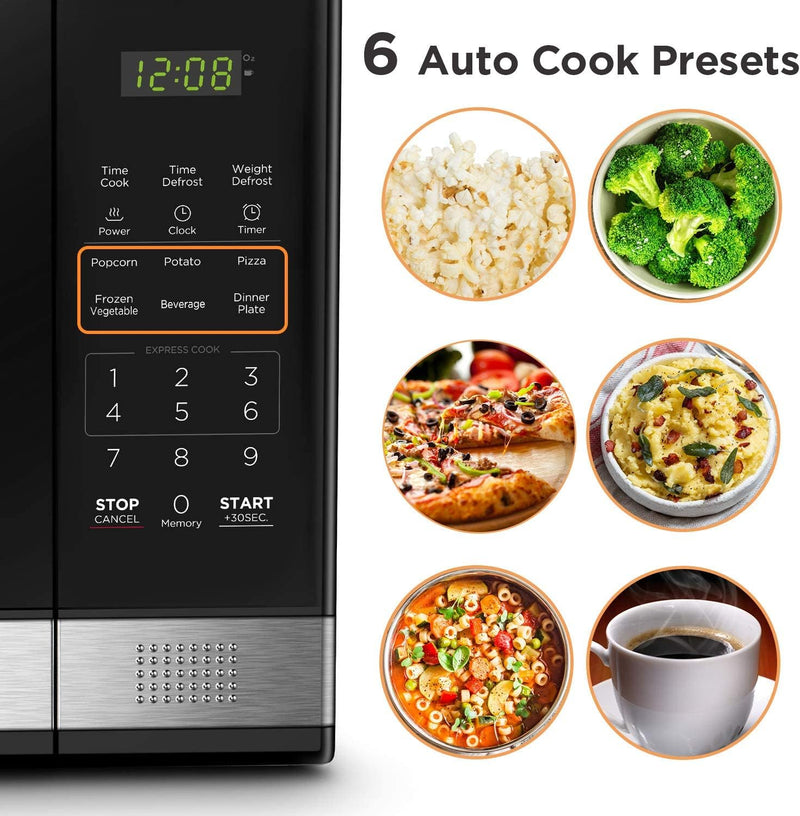 BLACK+DECKER EM031MB11 Digital Microwave Oven with Turntable Push-Button Door, Child Safety Lock, 900W, 1.1cu.ft, Black & Stainless Steel