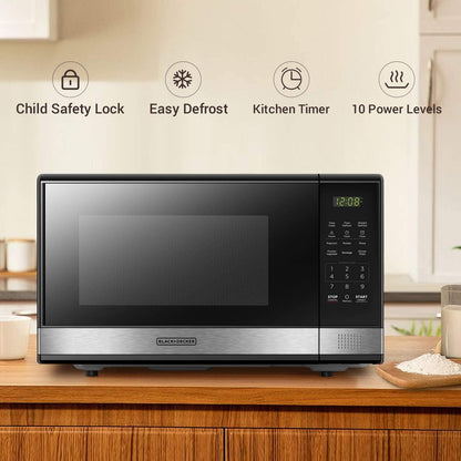 BLACK+DECKER EM031MB11 Digital Microwave Oven with Turntable Push-Button Door, Child Safety Lock, 900W, 1.1cu.ft, Black & Stainless Steel