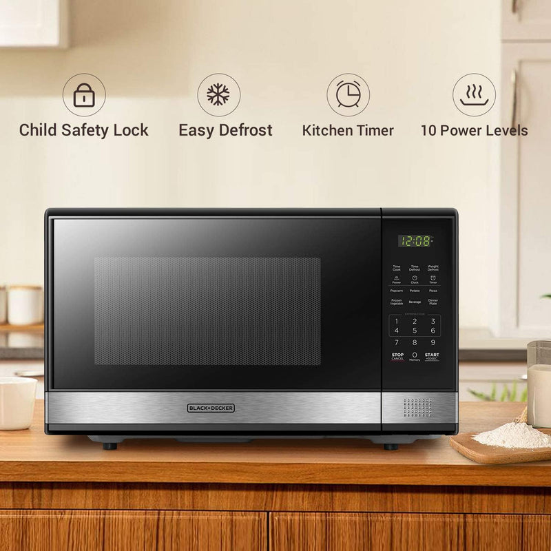 BLACK+DECKER EM031MB11 Digital Microwave Oven with Turntable Push-Button Door, Child Safety Lock, 900W, 1.1cu.ft, Black & Stainless Steel