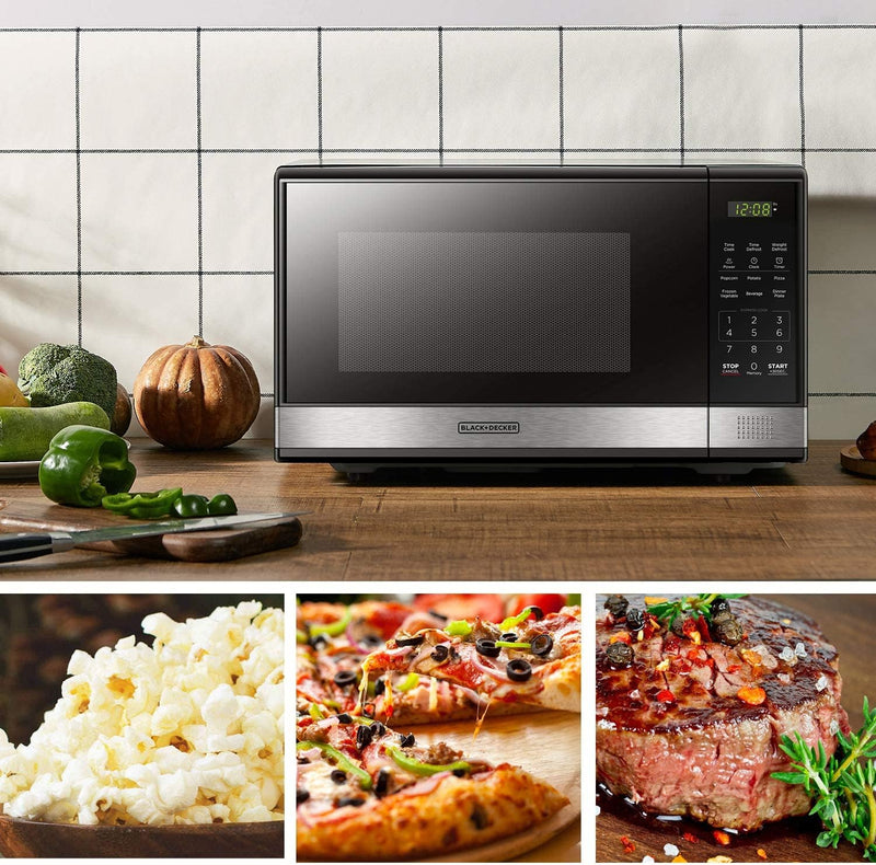 BLACK+DECKER EM031MB11 Digital Microwave Oven with Turntable Push-Button Door, Child Safety Lock, 900W, 1.1cu.ft, Black & Stainless Steel