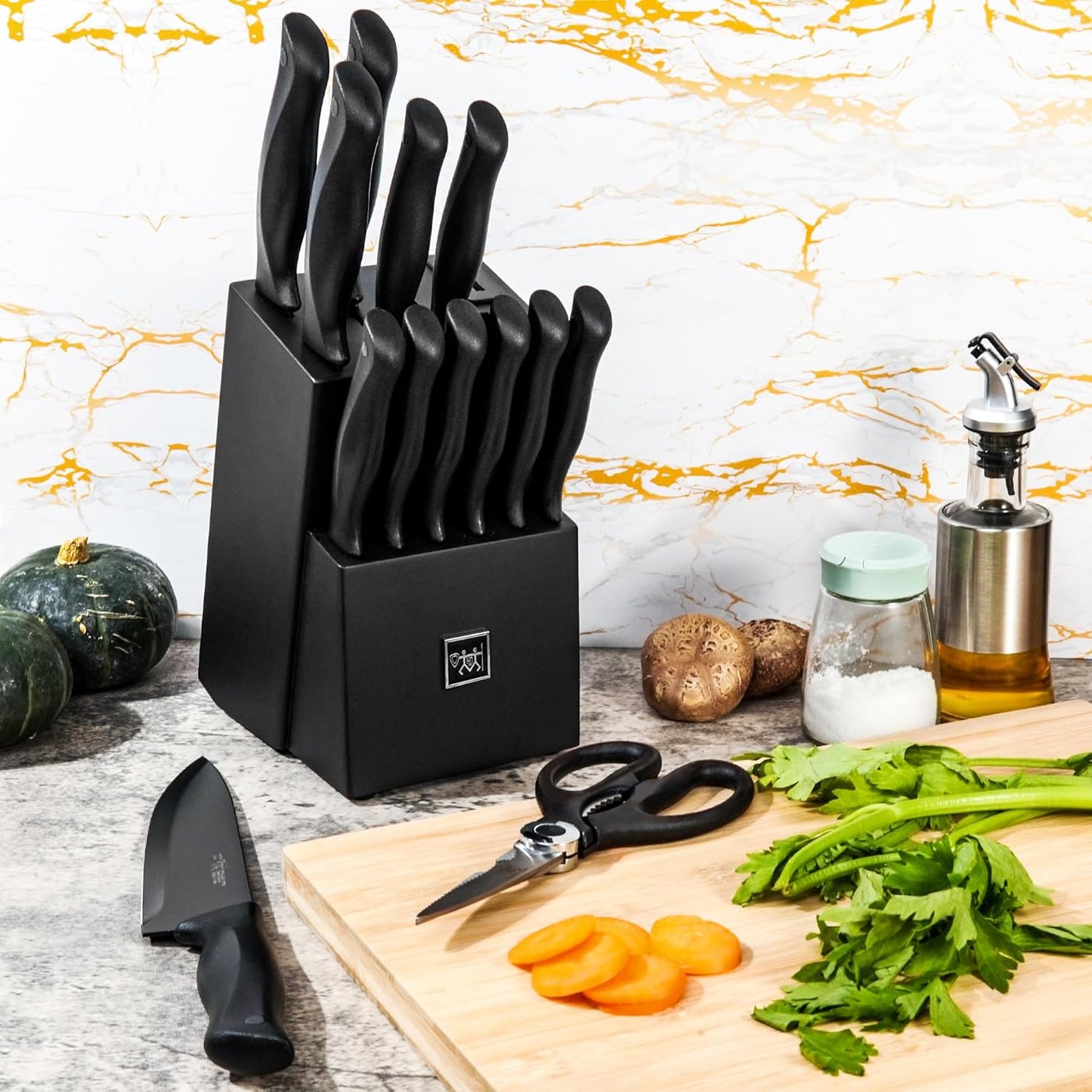 HUNTER.DUAL Knife Set, Dishwasher Safe Kitchen Knife Set with Block, 15 Pcs Black Kitchen Knife Sets with Block Self Sharpening, 6 Steak Knives, Black
