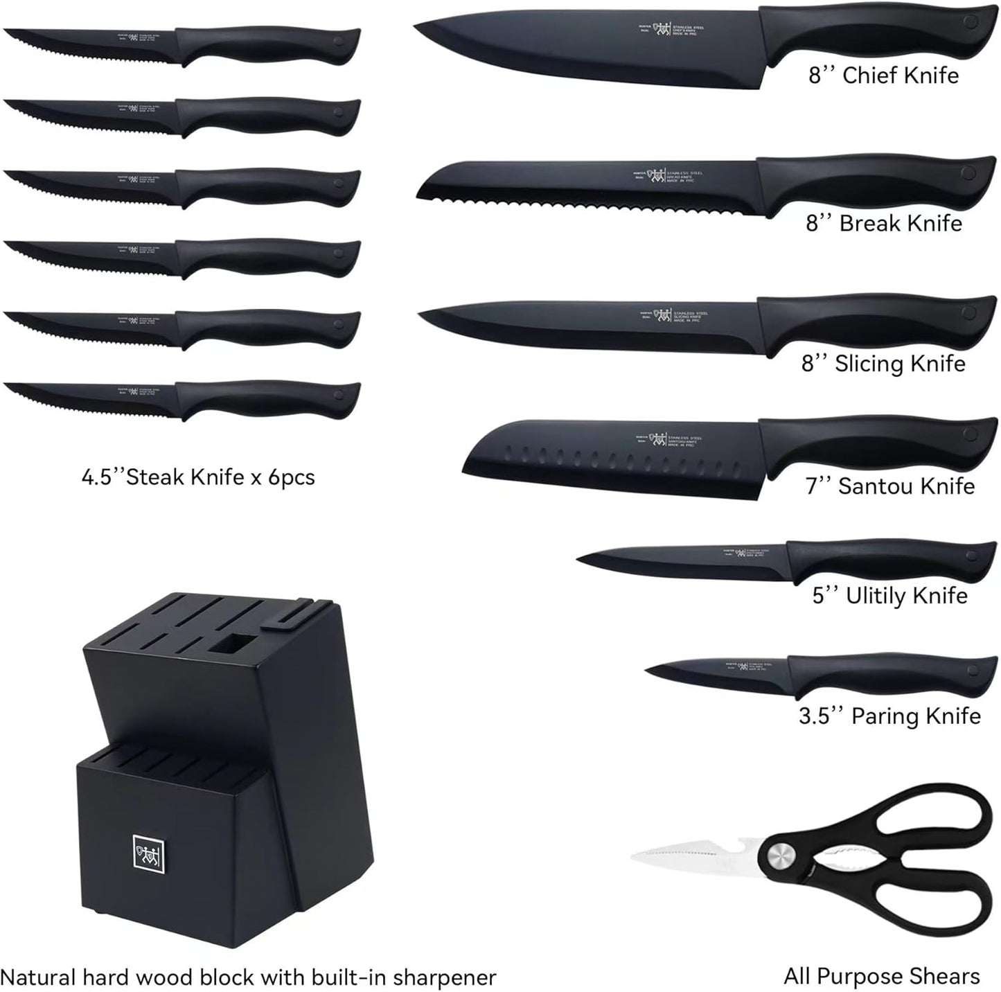 HUNTER.DUAL Knife Set, Dishwasher Safe Kitchen Knife Set with Block, 15 Pcs Black Kitchen Knife Sets with Block Self Sharpening, 6 Steak Knives, Black