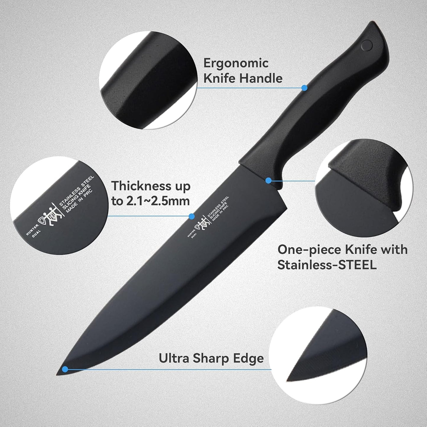 HUNTER.DUAL Knife Set, Dishwasher Safe Kitchen Knife Set with Block, 15 Pcs Black Kitchen Knife Sets with Block Self Sharpening, 6 Steak Knives, Black
