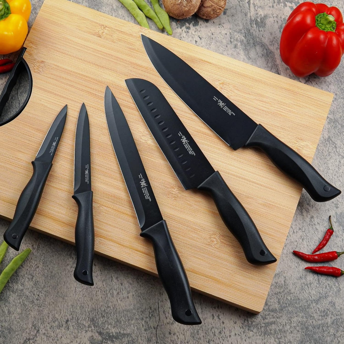 HUNTER.DUAL Knife Set, Dishwasher Safe Kitchen Knife Set with Block, 15 Pcs Black Kitchen Knife Sets with Block Self Sharpening, 6 Steak Knives, Black
