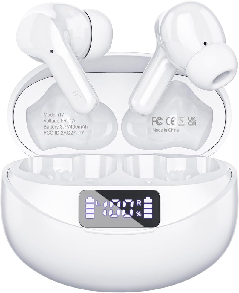 Wireless Earbuds, Bluetooth Headphones 5.3 HiFi Stereo, Wireless Earphones with ENC Noise Cancelling Mic, LED Digital Display in Ear Buds - White