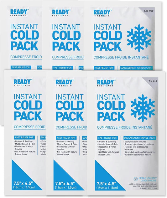 Instant Cold Pack, Medium Packs (7.5" x 4.5") - Ready First Aid, Provides fast Relief for Bruises, Swelling, Muscle Spasm, Pain, Headaches, Minor Ice Packs for Injuries (7.5" x 4.5", Case of 6)
