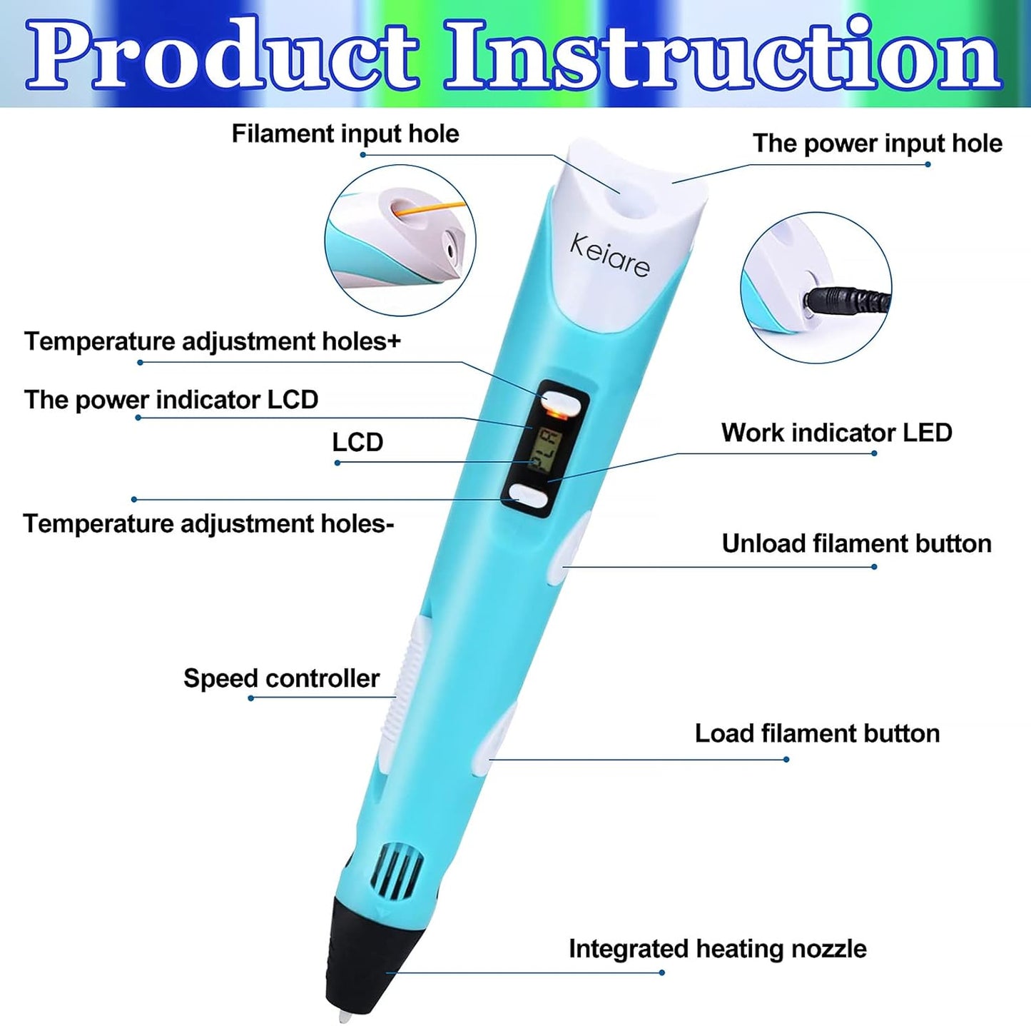 3D Printing Pen for Kids with Adjustable Temperature and Speed Includes 12 Color PLA Filament Refills and Charger Creative Drawing and Writing Tool