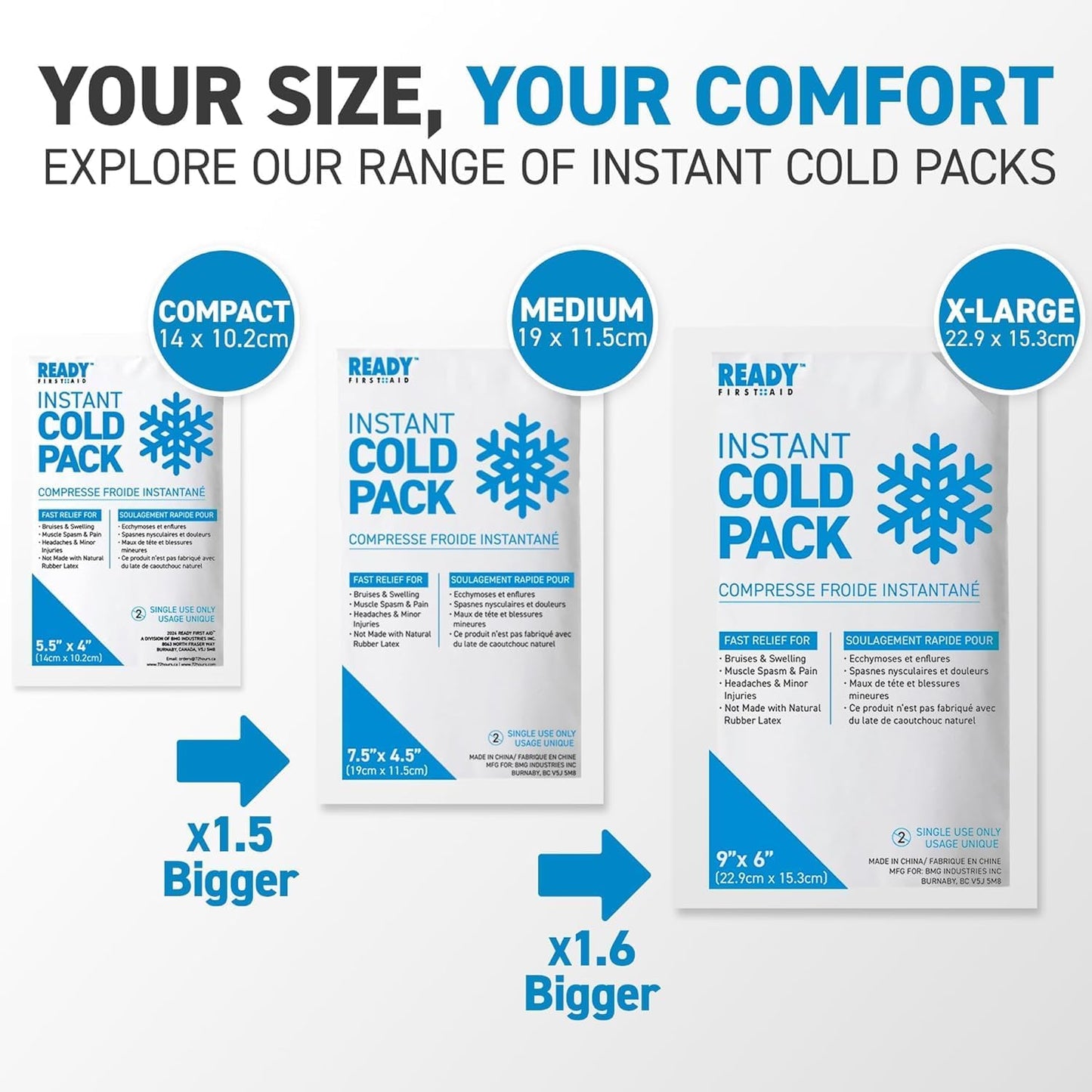 Instant Cold Pack, Medium Packs (7.5" x 4.5") - Ready First Aid, Provides fast Relief for Bruises, Swelling, Muscle Spasm, Pain, Headaches, Minor Ice Packs for Injuries (7.5" x 4.5", Case of 6)