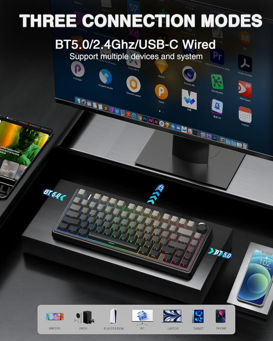 AULA F75 Pro Wireless Mechanical Keyboard,75% Gasket Hot Swappable Custom Keyboard,RGB Backlit,Pre-lubed Reaper Switches,Side Printed PBT Keycaps,2.4GHz/USB-C/BT5.0 Mechanical Gaming Keyboard - PuriLite