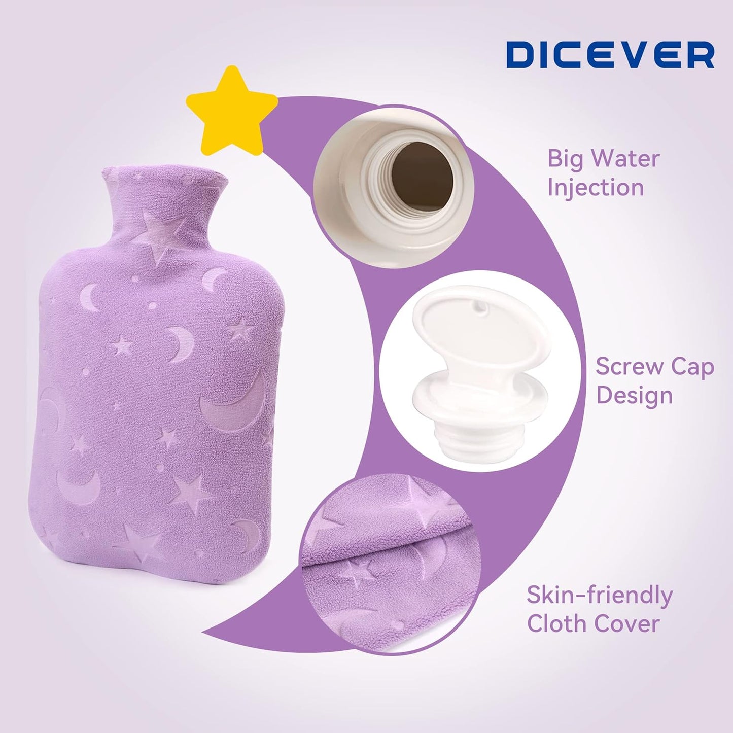 DICEVER Hot Water Bottle with Soft Cover, 2L Hot Water Bag for Menstrual Cramps, Neck and Shoulder Pain Relief, Hot and Cold Therapies, Hand Feet Warmer, Purple
