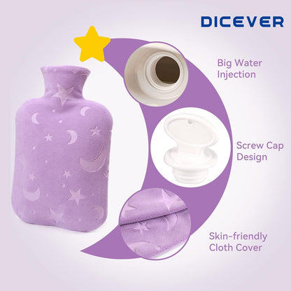 DICEVER Hot Water Bottle with Soft Cover, 2L Hot Water Bag for Menstrual Cramps, Neck and Shoulder Pain Relief, Hot and Cold Therapies, Hand Feet Warmer, Purple