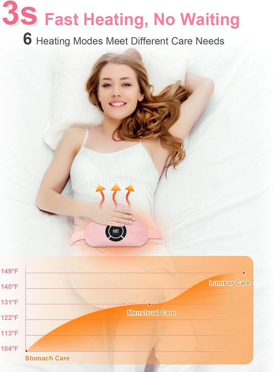 Portable Cordless Heating Pad for Period Cramps with Fast Heating Voice Reminder 6 Heat and 6 Vibration Modes Rechargeable Pink - PuriLite
