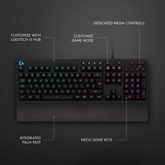 Logitech G213 Prodigy Gaming Keyboard, LIGHTSYNC RGB Backlit Keys, Spill-Resistant, Customizable Keys, Dedicated Multi-Media Keys – Black - PuriLite