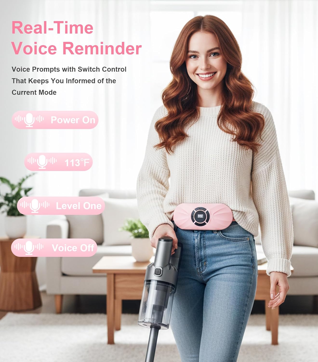 Portable Cordless Heating Pad for Period Cramps with Fast Heating Voice Reminder 6 Heat and 6 Vibration Modes Rechargeable Pink - PuriLite