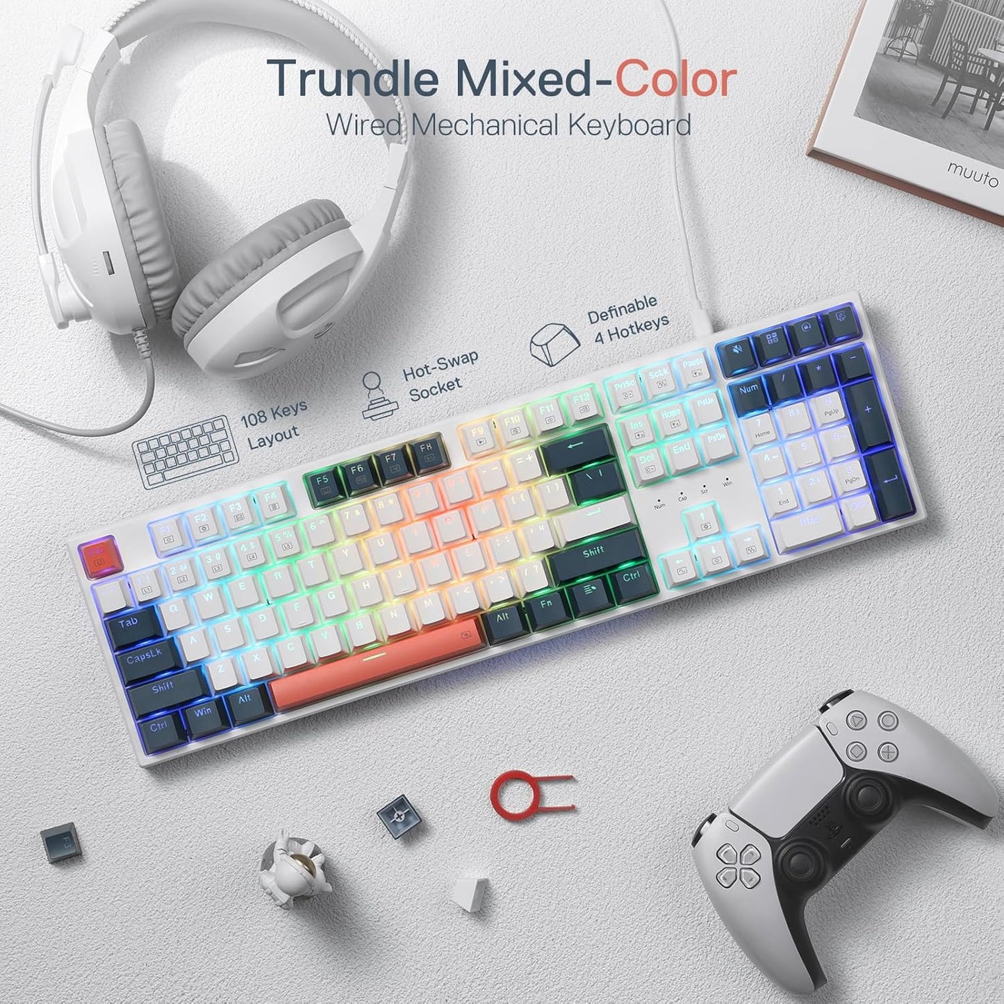 Redragon K668 RGB Gaming Keyboard, 104 Keys + Extra 4 Hotkeys Wired Mechanical Keyboard w/Sound Absorbing Foams, Upgraded Hot-swappable Socket, Mixed Color Keycaps x 2 Sets, Red Switch