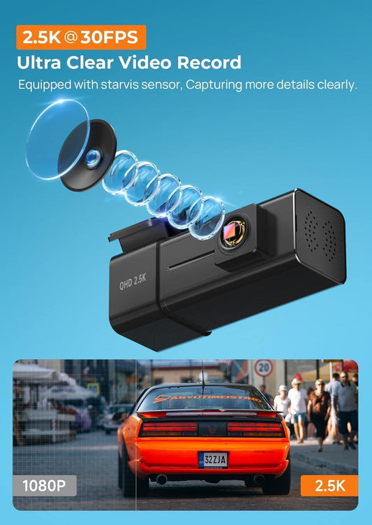 Dash Cam WiFi 2.5K Dashcam, E-YEEGER Front Dash Camera for Cars, Mini Dashcams with App, Night Vision, G-Sensor, Loop Recording, 24H Parking Mode, Free 32G SD Card, Support 256GB Max - PuriLite