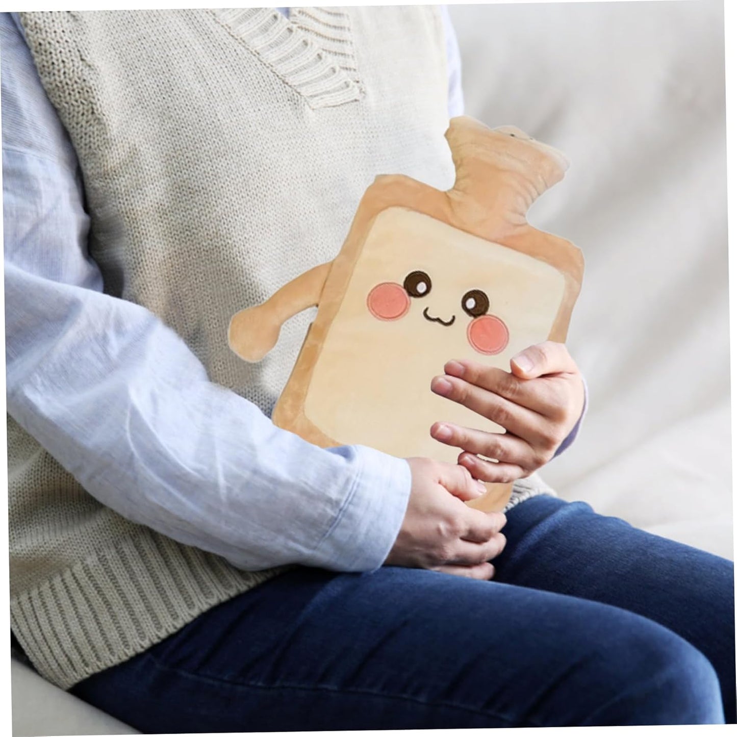 Hot Water Bottle 1000ML Hot Water Bag with Cute Toast Bread Plush Cover Large Rubber Bottle Hand Warmer for Pain Relief Gift for Women, Girls Style 2