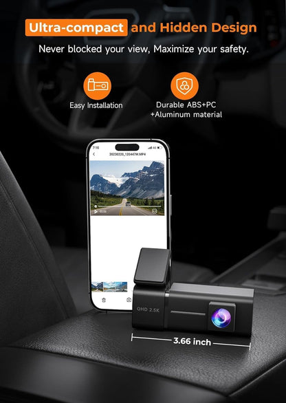 Dash Cam WiFi 2.5K Dashcam, E-YEEGER Front Dash Camera for Cars, Mini Dashcams with App, Night Vision, G-Sensor, Loop Recording, 24H Parking Mode, Free 32G SD Card, Support 256GB Max