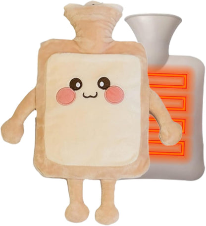 Hot Water Bottle 1000ML Hot Water Bag with Cute Toast Bread Plush Cover Large Rubber Bottle Hand Warmer for Pain Relief Gift for Women, Girls Style 2