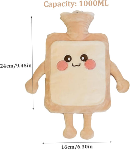 Hot Water Bottle 1000ML Hot Water Bag with Cute Toast Bread Plush Cover Large Rubber Bottle Hand Warmer for Pain Relief Gift for Women, Girls Style 2