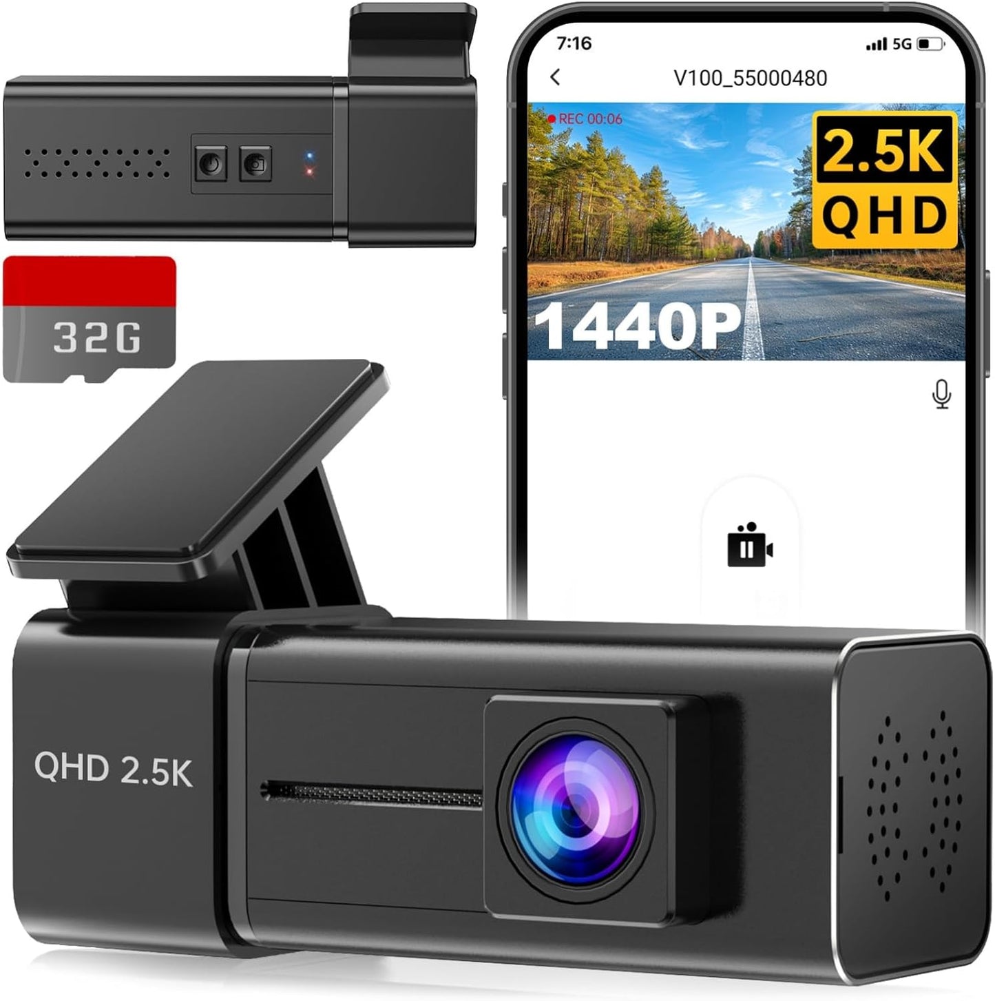 Dash Cam WiFi 2.5K Dashcam, E-YEEGER Front Dash Camera for Cars, Mini Dashcams with App, Night Vision, G-Sensor, Loop Recording, 24H Parking Mode, Free 32G SD Card, Support 256GB Max