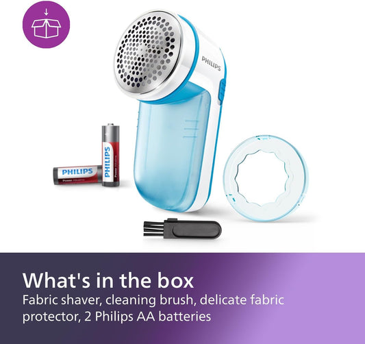 Philips Fabric Shaver, Removes Fabric Pills, Suitable for All Garments, Large Blade Surface, Cleaning Brush, Includes Batteries, Blue (GC026/00) - PuriLite