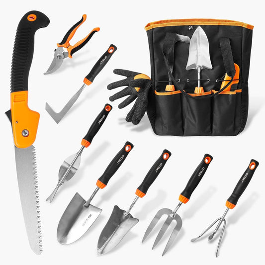 Garden Tools Set, 10 Pcs Stainless Steel Heavy Duty Gardening Tools Set with Folding Saw, Garden Hand Tools Starter Kit, Landscaping Tools, Gardening Tools Gift Sets for Women and Men