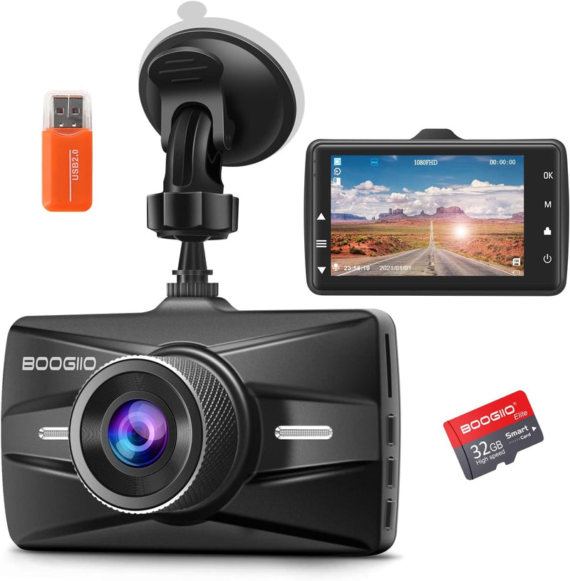 Dash Cam Front with 32G SD Card, BOOGIIO 1080P FHD Car Driving Recorder 3'' IPS Screen 170°Wide Angle Dashboard Camera Aluminum Alloy Case, WDR G-Sensor Parking Monitor Loop Recording Motion Detection