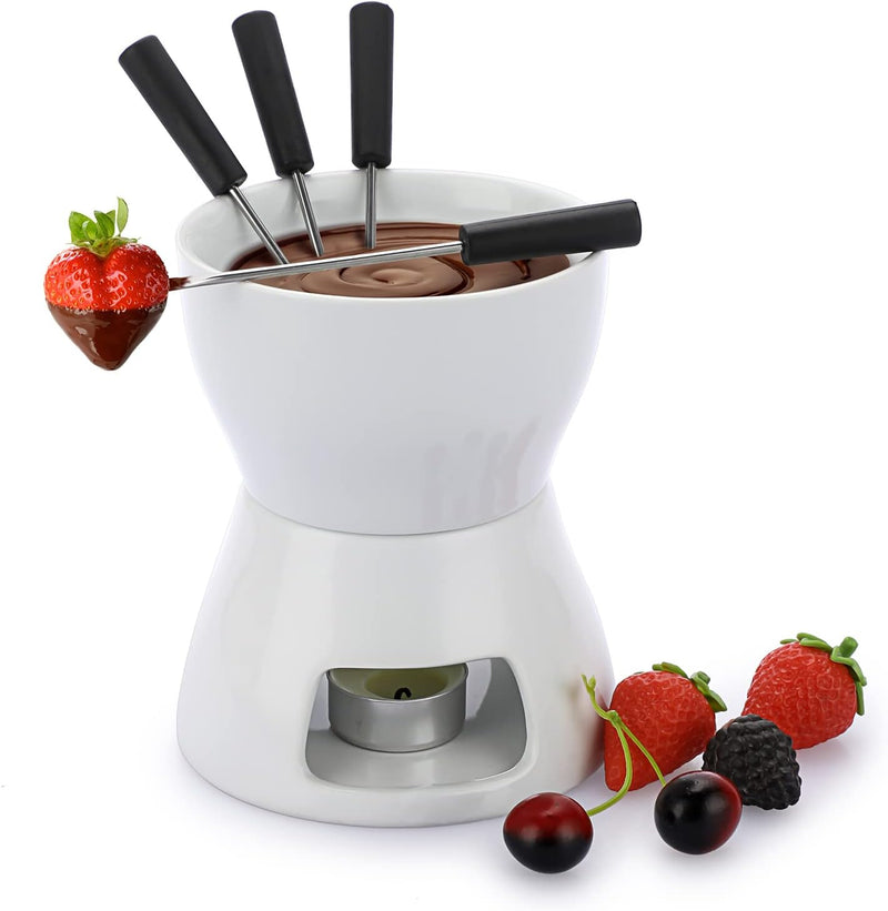 JuxYes Ceramic Butter Chocolate Fondue Pot Set, 400ml Cheese Fondue Set with 4 Forks, Butter Warmer Fondue Pot, Family Melting Hot Pot for Tapas (White)