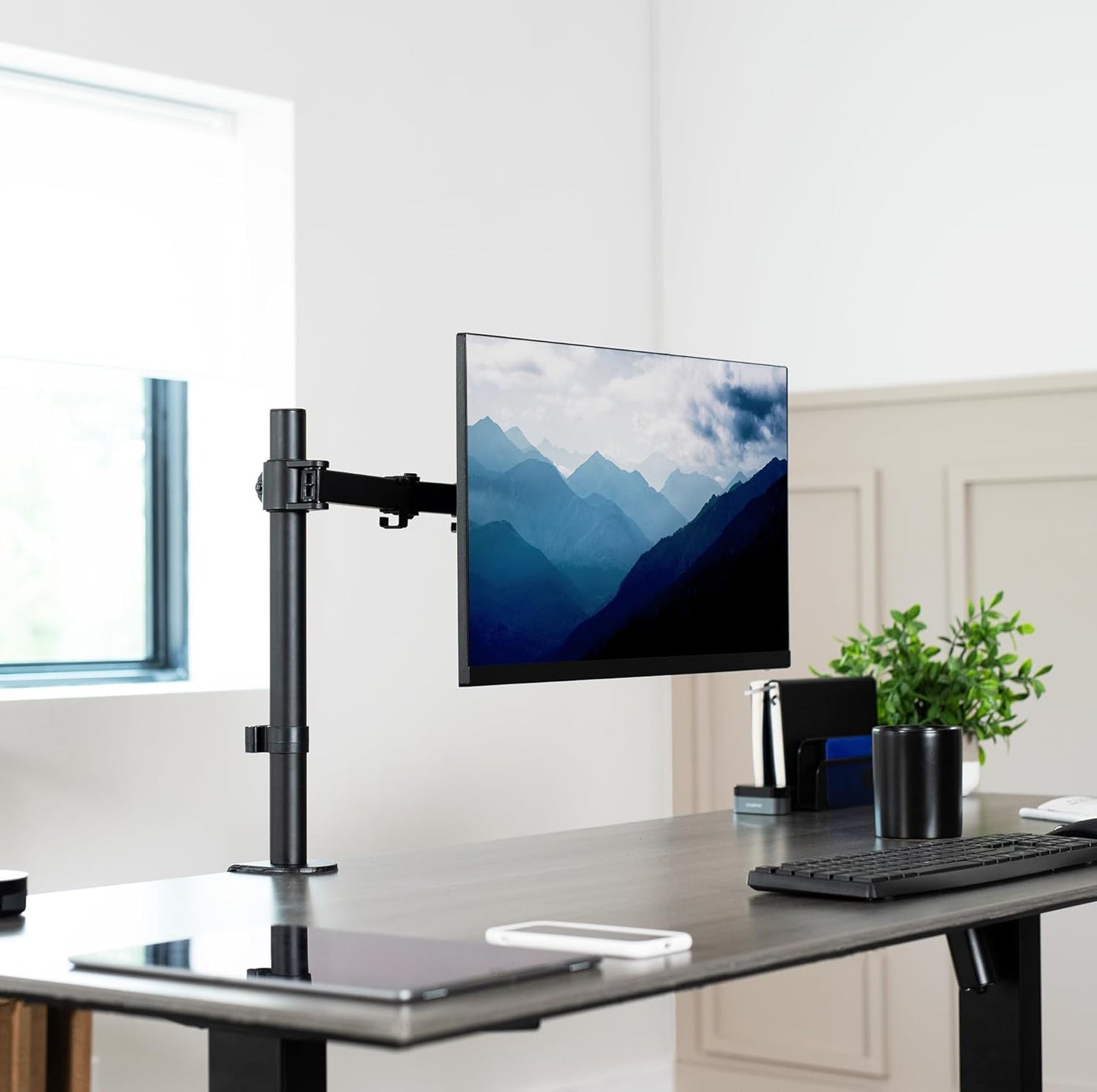 VIVO Single Monitor Arm Desk Mount, Holds Screens up to 32 inch Regular and 38 inch Ultrawide, Fully Adjustable Stand with C-Clamp and Grommet Base, VESA 75x75mm or 100x100mm, Black, STAND-V001