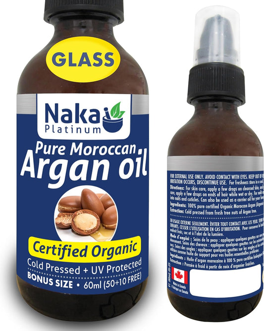 Naka Platinum Pure Moroccan Argan Oil, Certified Organic, Cold Pressed + UV Protected, For Hair Skin and Nails, Made in Canada (50+10ml FREE)