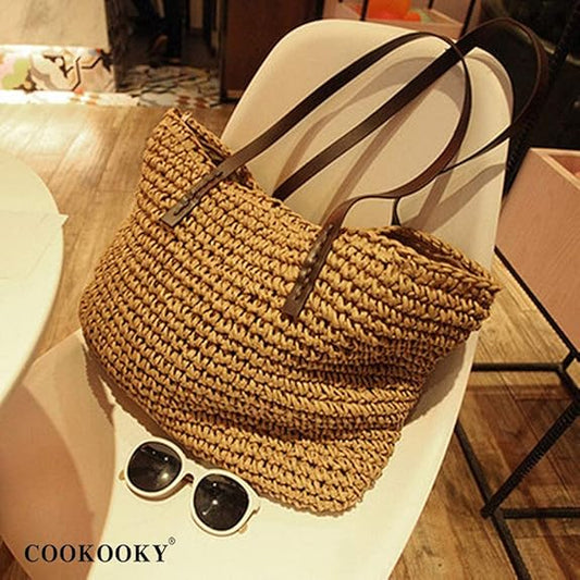 COOKOOKY Straw Beach Bag Summer Handmade Woven Shoulder Tote Bags Purse for Women, Bohemia Khaki Bag - PuriLite