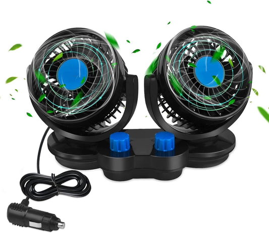 Itian 360° Rotating Double Mini Electric Car Fan - Dual Head Clip Fan for Car, SUV, RV, Boat, Adjustable Speeds, Includes Adhesive Stickers