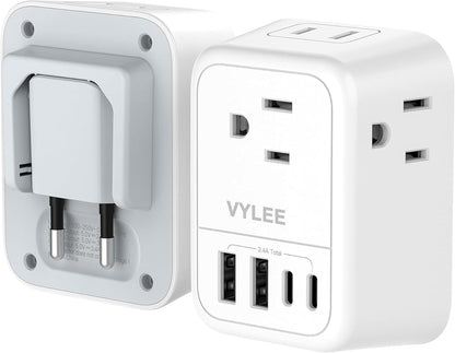 VYLEE Travel Plug Adapter, International Plug Adapter with 4 AC Outlets 4 USB Ports(2 USB C), Travel Adapter Type C Travel Essentials for US to Most Europe France Germany Italy Spain [1 Pack]