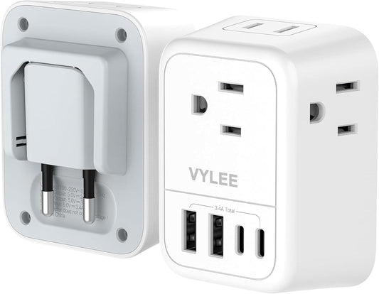 VYLEE Travel Plug Adapter, International Plug Adapter with 4 AC Outlets 4 USB Ports(2 USB C), Travel Adapter Type C Travel Essentials for US to Most Europe France Germany Italy Spain [1 Pack]