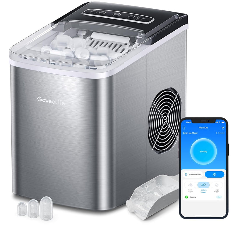 GoveeLife Smart Countertop Ice Makers with Wi-Fi, 9 Ice in 6-8min, 26lbs in 24 Hours, Portable Ice Machine, 2L Water Tank, for Home Kitchen Party Camping, with Ice Scoop and Basket, Stainless Silver