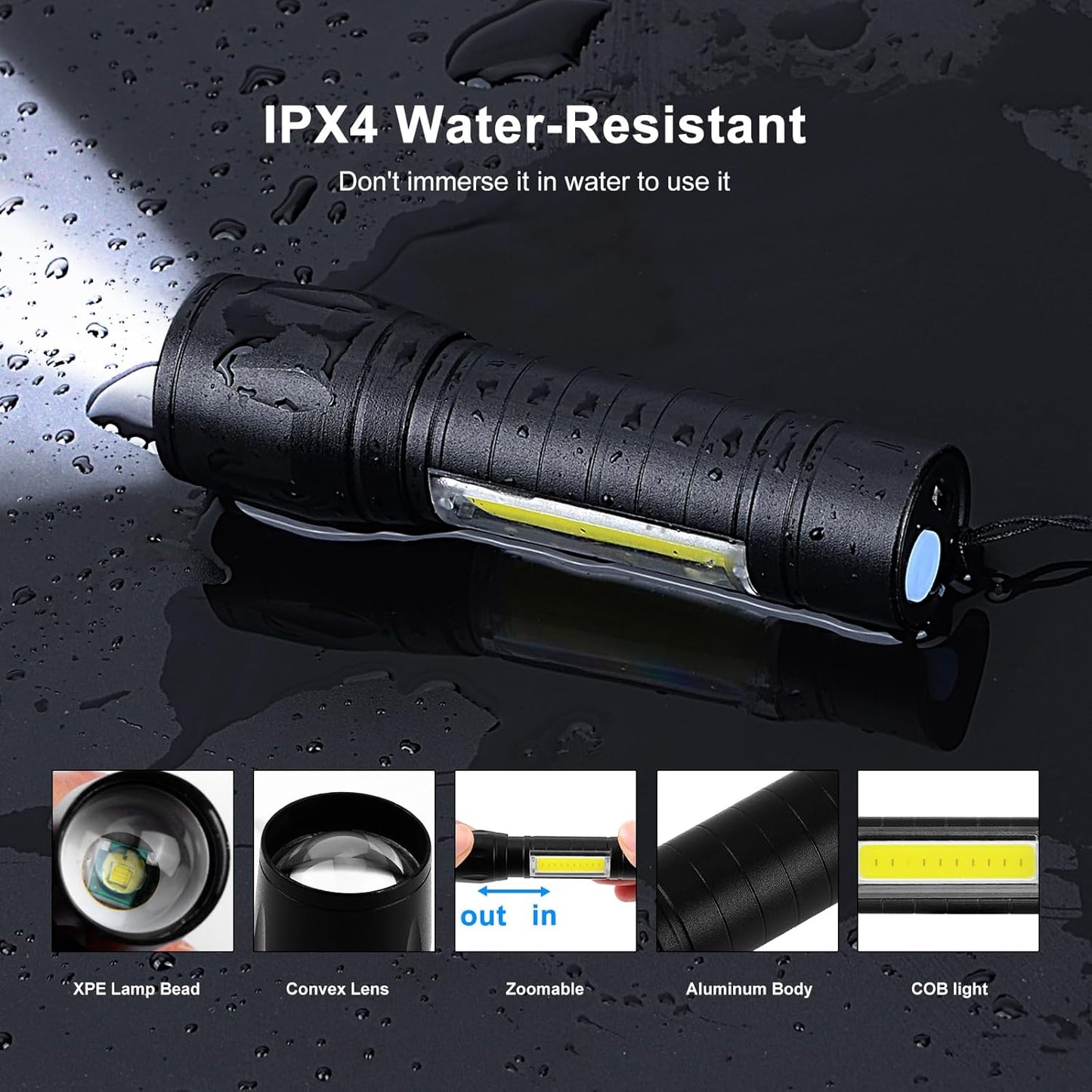 3 Pack Rechargeable Mini LED Flashlight - 3 Modes, Side COB Lamp, Zoomable, Water Resistant, Compact Pocket Size Torch