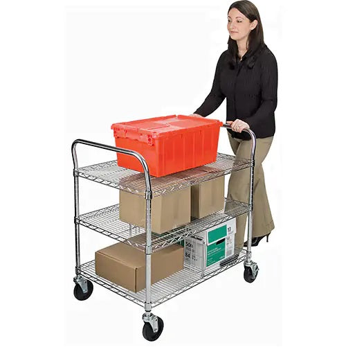 Wire Mesh Utility Cart, Chrome Plated, 36" x 39" x 24", 800 lbs. Capacity - PuriLite