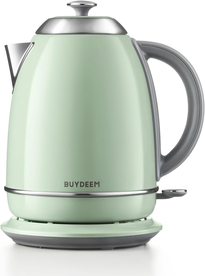 BUYDEEM K640 Stainless Steel Electric Tea Kettle with Auto Shut-Off and Boil Dry Protection, 1.7 Liter Cordless Hot Water Boiler with Swivel Base, 1440W (Cozy Greenish)