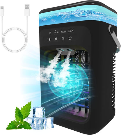 Mecmic Portable Air Conditioner Cooling Fan - 3 Speeds, 2 Mist Modes, 1000mL Water Tank, 7-Color Night Light, 2-4H Timer, Mini Cooling Fan for Bedroom, Office, Camping