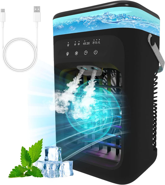 Mecmic Portable Air Conditioner Cooling Fan - 3 Speeds, 2 Mist Modes, 1000mL Water Tank, 7-Color Night Light, 2-4H Timer, Mini Cooling Fan for Bedroom, Office, Camping