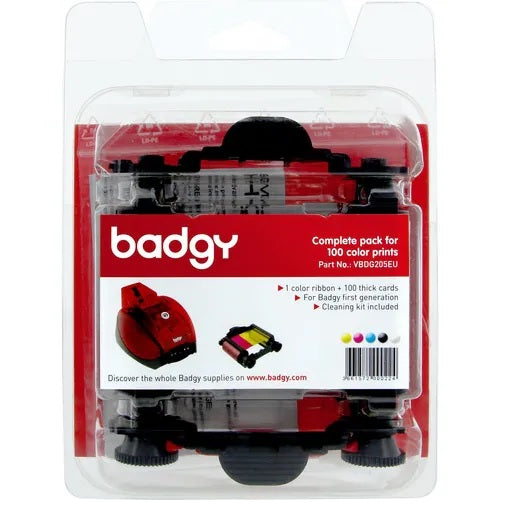 BADGY1 CONSUMABLE PACK YMCKO RIBBON/CARDS 100 + CLEAN. KIT